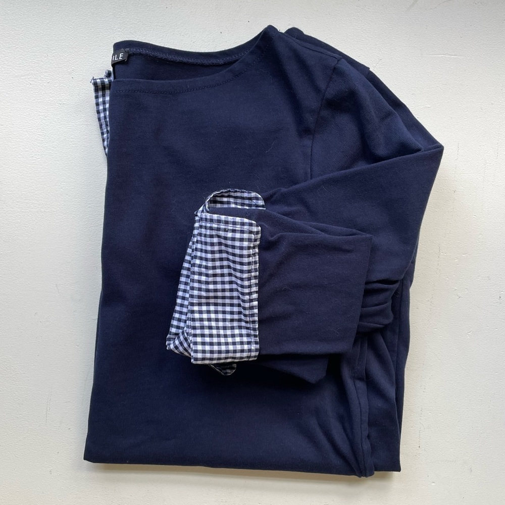 J. Crew boatneck long sleeve tee with plaid cuffs and hem